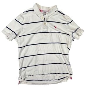 American Eagle Mens XL White Navy Blue Striped Classic Fit Eagle Polo Shirt